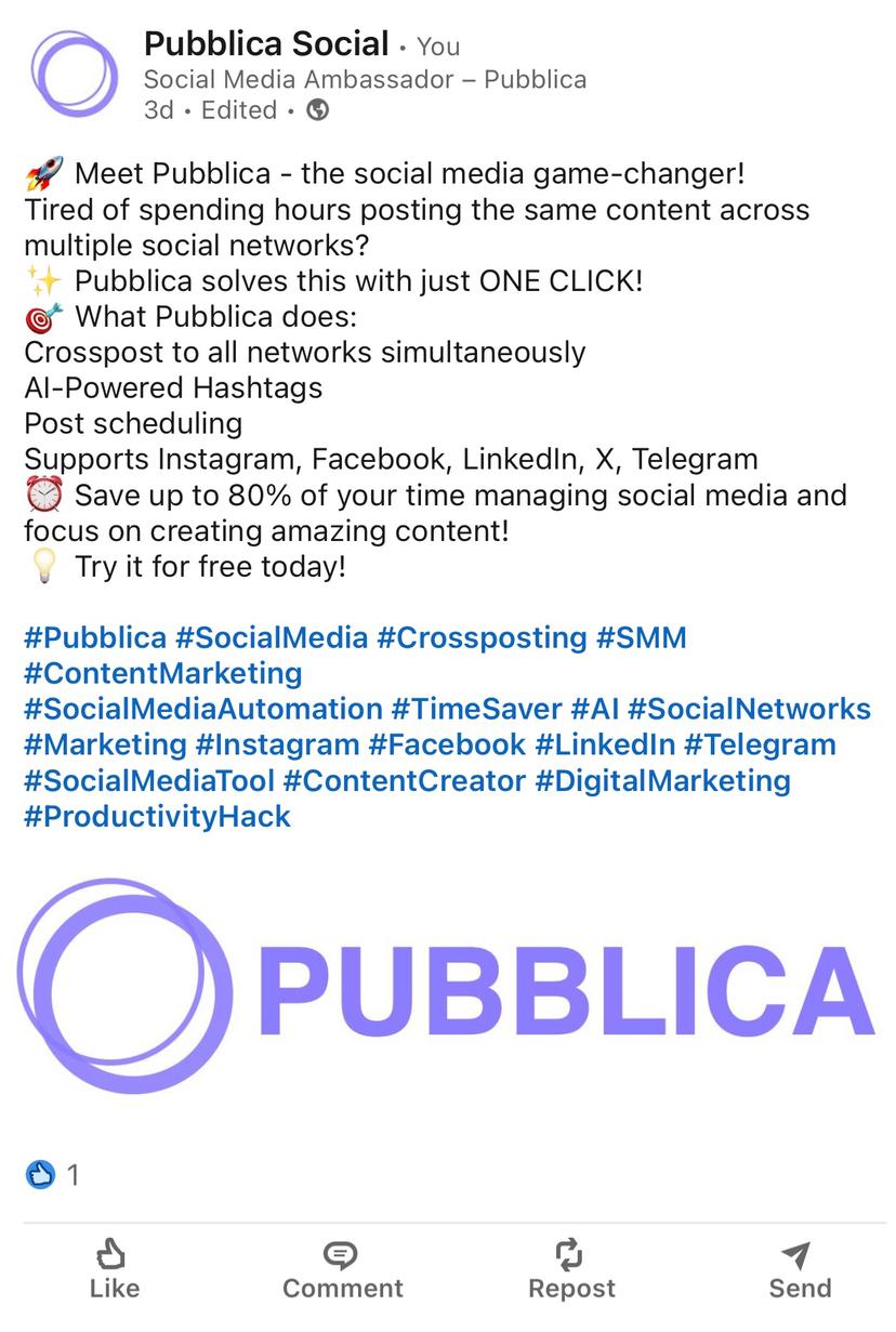 Pubblica social media management interface showing LinkedIn post creation